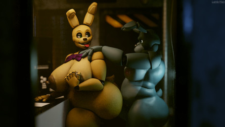 belly big_breasts big_butt breasts butt duo female hand_on_breast hand_on_shoulder machine male male/female slightly_chubby tongue tongue_out lamb_man26 octal_(modeler) five_nights_at_freddy's scottgames bonnie_(fnaf) spring_bonnie_(fnaf) animatronic humanoid robot robot_humanoid hi_res