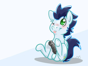 balls blue_body blue_feathers blue_fur blue_hair blush cutie_mark erection feathered_wings feathers feral fur genitals green_eyes hair male multicolored_hair penis simple_background smile solo tongue tongue_out wings backsash friendship_is_magic hasbro my_little_pony mythology soarin_(mlp) wonderbolts_(mlp) equid equine mammal mythological_creature mythological_equine pegasus 4:3 hi_res