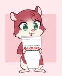 2019 anthro beverage container cricetid cup drinking drinking_straw english_text fur green_eyes hamster hasbro higglytownhero littlest_pet_shop littlest_pet_shop_a_world_of_our_own logo male mammal multicolored_body new_orleans_original_daiquiris pink_nose red_body red_fur rodent simple_background solo text trip_hamston two_tone_body