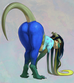 anthro bent_over big_butt biped blonde_hair blue_hair bottomwear breast_squeeze breast_squish breasts butt claws clothing digitigrade fangs female female_anthro finger_claws glistening glistening_tail green_body green_hair hair hanging_breasts horn long_hair looking_at_viewer multicolored_body natural_breasts pants presenting presenting_hindquarters red_eyes solo squeezing squish teeth tight_bottomwear tight_clothing tight_pants toe_claws under_boob yellow_sclera totesfleisch8 mythology joyce_(totesfleisch8) dragon mythological_creature mythological_scalie scalie 2025 digital_media_(artwork) hi_res