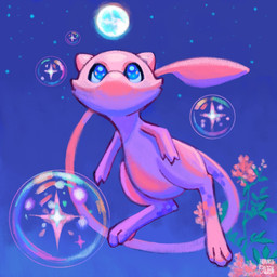 blue_eyes bubble flower looking_up paws pink_body plant pointy_ears prick_ears sky sparkles sparkling_eyes star starry_sky tail hermitollien nintendo pokemon generation_1_pokemon legendary_pokemon mew_(pokemon) pokemon_(species) 1:1 signature