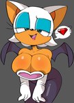 anthro areola areola_slip bat big_breasts breasts cleavage cleavage_overflow clothed clothing eyeshadow female gem gloves handwear lipstick looking_at_viewer makeup mammal question_mark rouge_the_bat sega smile solo sonic_the_hedgehog_(series) spandex tight_clothing vilepluff wings