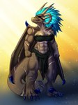 anthro arm_scar black_bottomwear black_clothing black_loincloth black_topwear blue_eyes bottomwear brown_body cheek_spikes clothed clothing dragon eye_patch eyewear facial_spikes female full-length_portrait hi_res horn leg_scar loincloth muscular muscular_anthro muscular_female mythological_creature mythological_scalie mythology portrait scalie scar signature simple_background solo spikes spikes_(anatomy) standing tail_scar tan_body tan_horn tiggybloom topwear