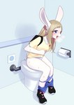 anthro backpack bathroom blonde_hair blue_clothing blue_eyes blue_panties blue_underwear bodily_fluids bottomwear bottomwear_down clothed clothing female fur hair implied_scat panties panties_down pants pants_down partially_clothed pooping public_restroom sitting sitting_on_toilet solo sweat toilet toilet_paper toilet_use underwear underwear_down white_body white_fur unoroute unousaya alice_(unousaya) lagomorph leporid mammal rabbit 2022