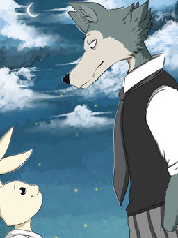 anthro beady_eyes biped black_nose bottomwear clothed clothing cloud collared_shirt crescent_moon detailed_background dress_shirt duo dusk eye_bags eye_contact fangs female fur grey_body grey_fur hand_in_pocket inner_ear_fluff larger_anthro larger_male logo looking_at_another looking_down_at_another looking_up_at_another male moon multicolored_body multicolored_fur necktie night pants pockets shirt side_view size_difference sky sky_background skyscape smaller_anthro smaller_female smile smiling_at_another standing teeth topwear tuft two_tone_body two_tone_fur white_body white_fur squeeeshie beastars haru_(beastars) legoshi_(beastars) arthropod beetle canid canine canis elateroid firefly insect lagomorph leporid mammal rabbit wolf 2020 3:4 absurd_res artist_logo digital_media_(artwork) hi_res