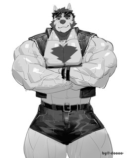 abs anthro barazoku biceps black_bottomwear black_clothing black_hair black_shorts black_topwear black_vest bottomwear chest_tuft clothed clothing crossed_arms deltoids eyewear eyewear_on_head facial_hair forearm_muscles fur hair looking_at_viewer male muscular muscular_anthro muscular_male muscular_thighs open_clothing open_topwear open_vest shorts sideburns simple_background solo sunglasses sunglasses_on_head text topwear triceps tuft vest white_background white_body white_fur doooo2424 canid canine canis mammal wolf 2025 artist_name black_and_white hi_res monochrome