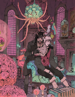 5_fingers anthro bone candle chandelier clothed clothing detailed_background duo feral fingers flower fur hair male open_mouth plant skeleton teeth tongue seyorrol avian bird vampire digital_media_(artwork)