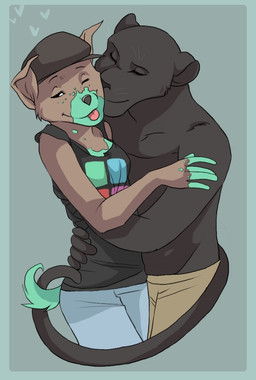 anthro anthro_on_anthro biped blep blue_border border bottomwear breasts clothed clothing duo eyebrows eyelashes female fully_clothed fur hat headgear headwear heart_symbol hug humanoid_hands male male/female one_eye_closed pants shirt simple_background small_breasts tongue tongue_out topless topwear whiskers jailbird canid canine canis domestic_dog felid mammal pantherine character_request digital_media_(artwork)