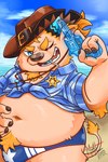 anthro beach belly blonde_hair blue_eyes bulge candy clothing cowboy_hat dessert food fur hair hat headgear headwear horn lollipop male navel one_eye_closed overweight overweight_male smile solo speedo swimwear toy toy_gun water_gun white_body white_fur wink young malvyper lifewonders tokyo_afterschool_summoners babe_bunyan_(tas) calf_(disambiguation) 2:3 hi_res