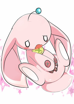 abstract_background button_(fastener) claws covering covering_crotch empty_eyes female feral finger_claws floppy_ears kemono long_ears pink_body rabbit_ears semi-anthro solo kajiura okochira nova_(okochira) alien lagomorph leporid mammal rabbit