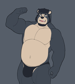 5_fingers anthro belly biceps black_clothing black_eyebrows black_hair black_nose black_underwear bulge clothed clothing eyebrows fingers flexing flexing_bicep grey_body hair looking_at_viewer male multicolored_body musclegut muscular muscular_thighs navel open_mouth open_smile overweight pecs short_hair simple_background smile solo tan_body teeth two_tone_body underwear underwear_only andeandog bear mammal 2025 absurd_res colored digital_drawing_(artwork) digital_media_(artwork) flat_colors hi_res