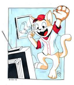 anthro baseball_glove bottomless clothed clothing electronics fangs featureless_crotch fur hat headgear headwear inside jumping logo male male_anthro open_mouth open_smile red_clothing red_hat red_headwear red_tongue red_topwear smile solo teeth television tongue topwear whiskers white_body white_clothing white_fur white_topwear young young_anthro young_male pandapaco domestic_cat felid feline felis mammal 2015 artist_logo dated signature
