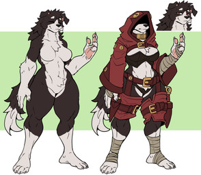 4_toes 5_fingers anthro barefoot belt black_body black_fur breasts chest_tuft claws clothed clothing colored_nails eyes_closed featureless_breasts featureless_crotch feet female finger_claws fingerpads fingers foot_wraps fur hand_wraps humanoid_feet humanoid_hands medieval_clothing medium_breasts nails navel nude pawpads plantigrade red_eyes smile solo thick_thighs toe_claws toes tuft white_body white_fur white_nails wide_hips wrappings wraps ceehaz dog_knight_rpg canid canine canis collie domestic_dog herding_dog mammal pastoral_dog sheepdog 2025 character_request hi_res model_sheet