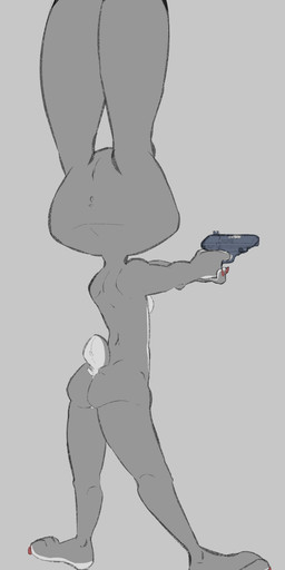 3_toes 4_fingers anthro biped black_ear_tips breasts brown_claws butt claws dipstick_ears ear_markings feet female female_anthro finger_claws fingers fur grey_background grey_body grey_fur grey_skin gun handgun holding_object holding_weapon long_ears multicolored_body multicolored_ears multicolored_fur nude nude_anthro nude_female pistol plantigrade pointing_gun pose ranged_weapon rear_view simple_background slim slim_anthro slim_female solo standing toes weapon white_body white_fur auga disney zootopia judy_hopps european_rabbit lagomorph leporid mammal oryctolagus rabbit hi_res