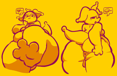 3_fingers 3_toes anthro anthrofied anus balls belly big_butt blush blush_lines breasts butt featureless_breasts feet fingers floppy_ears foot_fetish foot_focus genitals heart_symbol huge_butt low-angle_view male nude presenting presenting_hindquarters puffy_anus simple_background speech_bubble spread_butt spreading tail toes yellow_body tetra_(artist) black_mirror throng_(black_mirror) 2025 digital_drawing_(artwork) digital_media_(artwork) hi_res multiple_scenes shaded simple_shading sketch