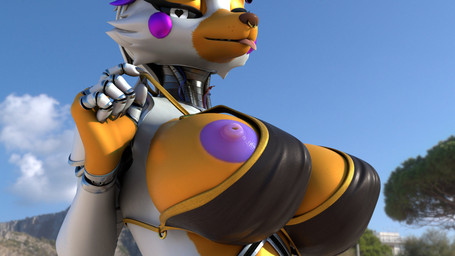 anthro areola big_breasts bikini bikini_top black_bikini black_bikini_top black_clothing black_sclera black_swimwear blue_sky blurred_background breasts claws clothing cloud day facial_piercing female fingerless_(marking) fingerless_gloves_(marking) glistening glistening_body gloves_(marking) heart_pupils heart_symbol looking_at_viewer machine markings nipples nose_piercing orange_body orange_eyelids outside piercing presenting presenting_breasts presenting_nipple purple_areola purple_nipples sky solo swimwear tongue tongue_out two-piece_swimsuit undressing_self white_body white_eyes mrs_dexie mayosplash_(modeler) five_nights_at_freddy's five_nights_at_freddy's_world scottgames lolbit_(fnaf) animatronic canid canine fox mammal robot robot_anthro 2024 3d_(artwork) absurd_res digital_media_(artwork) hi_res