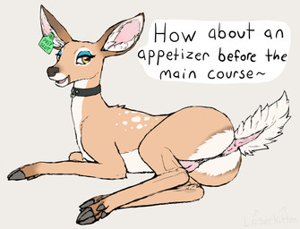 anus big_ears breasts butt collar dialogue ear_piercing ear_tag eyeshadow female feral flirting flirting_with_viewer genitals hooves looking_at_viewer makeup piercing raised_tail solo tail vulva laserkitten rosalina_(ecmajor) deer mammal absurd_res colored_sketch hi_res sketch