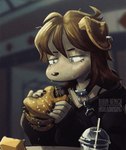 anthro big_mac_(burger) black_clothing black_fingernails black_hoodie black_nails black_topwear blinking brown_hair burger clothed clothed_anthro clothed_female clothing collar colored_nails container cup drinking_straw eye_bags eyelashes female fingernails food fur hair holding_burger holding_food holding_object hoodie inside leash leashed_collar nails solo tan_body tan_fur topwear salamanding joan_(salamanding) canid canine canis domestic_dog mammal 2024 2d_animation animated hi_res loop short_playtime