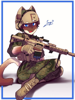 anthro blue_eyes boots bottomwear brown_body brown_fur brown_hair camo camo_bottomwear camo_clothing camo_pants camo_print cat_ear_helmet clothing combat_boots dialogue footwear fur gun hair male military military_clothing military_uniform pants pattern_bottomwear pattern_clothing pattern_pants ranged_weapon rifle rifle_barrel rifle_cartridge rifle_scope rolled_up_sleeves shoes solo topwear uniform vest weapon white_body white_fur dullanboi domestic_cat felid feline felis mammal siamese_cat 3:4 hi_res