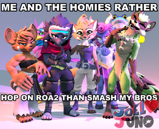 anthro clothed clothing female group horn looking_at_viewer male text visor joellovejuno rivals_of_aether absa clairen_(rivals_of_aether) fleet_(dungeons_of_aether) maypul olympia_(rivals_of_aether) ranno wrastor amphibian avian bovid canid canine caprine felid fox frog goat mammal pantherine procyonid raccoon rodent 3d_(artwork) digital_media_(artwork) hi_res meme source_filmmaker_(artwork)