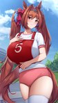 athletic_wear big_breasts blush bottomwear breasts brown_hair clothed clothing detailed_background female gym_bottomwear gym_shorts hair outside shorts solo orz_can cygames uma_musume_pretty_derby daiwa_scarlet_(pretty_derby) animal_humanoid equid equid_humanoid equine equine_humanoid horse_humanoid humanoid mammal mammal_humanoid 9:16 absurd_res hi_res