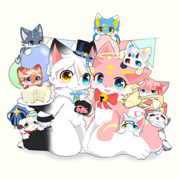 anthro balloon bell blush bow_tie cake dessert eyes_closed eyewear female feral food fur goggles group halo head_markings inflatable looking_at_viewer male markings mooncake multicolored_body multicolored_fur one_eye_closed paws pennant pink_body pink_fur white_body white_fur wings neisawa neisawa(neisawawww) canid canine fox mammal 1:1 absurd_res hi_res
