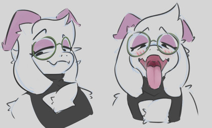 anthro arm_tuft black_clothing black_shirt black_topwear blush chest_tuft clothing eyewear femboy femboy_pred fur glasses green_eyewear green_glasses hair horn looking_at_viewer male mouth_shot open_mouth pink_eyelids pink_horn pink_tongue round_glasses shirt shoulder_tuft smug smug_expression smug_eyes smug_face smug_grin solo tongue tongue_out topwear tuft white_body white_ears white_face white_fur white_fur_tuft white_hair serven deltarune undertale_(series) ralsei bovid caprine darkner goat mammal