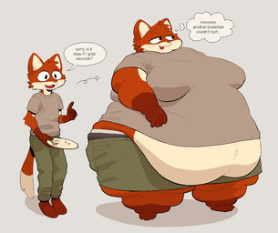 anthro before_and_after belly belly_overhang belly_peeking_out big_belly biped blep blush brown_body brown_fur clothed clothing dialogue dipstick_tail fur gesture gloves_(marking) half-closed_eyes hand_gesture holding_object holding_plate leg_markings male markings moobs morbidly_obese morbidly_obese_anthro morbidly_obese_male narrowed_eyes obese obese_anthro obese_male open_mouth open_smile orange_body orange_fur overweight overweight_anthro overweight_male plate raised_finger raised_index_finger sequential_arrow shy smile socks_(marking) solo speech_bubble standing tail tail_markings tan_body tan_fur text thick_thighs thought_bubble tight_clothing tongue tongue_out weight_gain wide_hips raymodule canid canine fox mammal english_text
