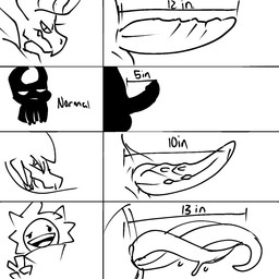2_horns 4_fingers anthro bodily_fluids chart cute_fangs fangs fingers genital_fluids genitals gesture group hand_gesture horn humanoid_genitalia humanoid_penis male male_anthro measurements measuring measuring_penis open_mouth open_smile penile_spines penis penis_chart ridged_penis simple_background smile teeth text unusual_anatomy unusual_genitalia unusual_penis v_sign white_background snazzle_snapp penis_lineup humanoid scalie species_request 1:1 2022 black_and_white character_request english_text hi_res monochrome