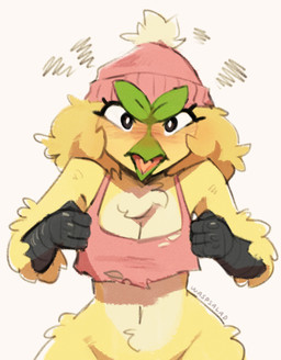 angry anthro arm_tuft beak belly_tuft biped black_scutes blush blushing_profusely breasts chest_tuft cleavage clothed clothed_anthro clothed_female clothing countershade_torso countershading female fingers fist front_view hat headgear headwear looking_at_viewer midriff navel scuted_arms scuted_hands scutes shirt simple_background solo standing tank_top topwear torn_clothing tuft wide_hips waspsalad nintendo pokemon pokemon_winds_and_waves avian browt generation_10_pokemon pokemon_(species) 2026 digital_drawing_(artwork) digital_media_(artwork) hi_res