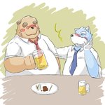 1:1 2012 alcohol anthro beer belly beverage blue_body blue_fur blush brown_body brown_fur canid canine canis clothing domestic_dog drunk duo emufu eyes_closed fur kemono male mammal overweight overweight_male shirt substance_intoxication topwear white_body white_fur