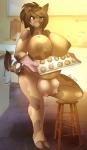 anthro baking big_breasts biped breasts breasts_and_teats brown_eyes brown_hair cloven_hooves cookie cooking female food hair hooves huge_breasts kitchen looking_at_viewer nipples nude on_one_leg slightly_chubby solo standing teats udders aimi bovid bovine cattle mammal 2014 digital_media_(artwork) hi_res shaded