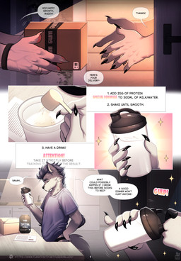 anthro clothing comic_panel dialogue fur grey_body grey_fur growth hair male multicolored_body multicolored_fur muscular muscular_anthro muscular_male pecs protein_shake solo tail text two_tone_body two_tone_fur vein white_body white_fur bluch_(artist) canid canine canis mammal wolf absurd_res comic english_text hi_res