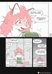 2023 anthro bodily_fluids canid canine classroom clothed clothing comic depression detailed_background dialogue ears_down english_text female fox fur fur_(theterm) green_scarf hair happy hi_res holding_object inside long_hair mammal open_mouth pink_body pink_eyes pink_fur pink_hair pivoted_ears sad scarf school shirt sitting solo speech_bubble standing sweat sweatdrop t-shirt text theterm topwear url white_clothing white_shirt white_t-shirt white_topwear young young_anthro young_female