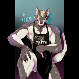 5_fingers abs anthro apron apron_only areola armpit_hair biceps big_tail biped black_apron black_claws black_clothing black_eyes black_nose blonde_eyebrows blonde_hair blush blush_lines bodily_fluids body_hair butt butt_from_the_front cheek_tuft claws closed_smile clothing countershade_arms countershade_face countershade_fur countershade_legs countershade_tail countershade_torso countershading dirty dirty_fur ear_piercing ear_scar eyebrows facial_tuft fangs finger_claws fingers flour fluffy fluffy_tail front_view fur gradient_background grey_body grey_fur grey_tail hair hand_on_knee hand_on_leg heart_symbol holding_object holding_tool holding_utensil holding_whisk humanoid_hands inner_ear_fluff kitchen_utensils licking licking_lips looking_at_viewer male mouth_closed multicolored_body multicolored_fur muscular muscular_anthro muscular_arms muscular_male nipples obliques overbite pecs piercing pink_areola pink_nipples pointy_ears prick_ears pubes ring_piercing saliva saliva_on_tongue scar serratus short_hair simple_background smile smiling_at_viewer solo sparkles step_pose tail tan_body tan_fur teeth text text_on_apron text_on_clothing tongue tongue_out tools translucent translucent_apron translucent_clothing tuft two_tone_body two_tone_fur two_tone_tail whisk white_tail wide_stance purtropos ace_(purtropos) canid canine canis mammal wolf 1:1 2022 character_name digital_media_(artwork) english_text hi_res portrait signature three-quarter_portrait