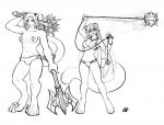 anthro bikini breasts clothed clothing duo female flail mace maul melee_weapon simple_background small_breasts swimwear topless two-piece_swimsuit weapon thumbclawz thaylo mammal marsupial thylacoleo vombatiform monochrome