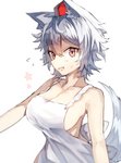 apron bodily_fluids breasts cleavage clothed clothing female flying_sweatdrops hair hat headgear headwear simple_background smile solo sweat sweatdrop tokin_hat white_background white_hair kasuka_(kusuki) touhou momiji_inubashiri animal_humanoid canid canid_humanoid humanoid mammal mammal_humanoid 2018 hi_res