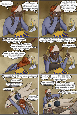 apron black_eyes blue_eyes clothed clothing dark_body dark_skin dialogue duo female feral hair holding_face male measuring oblivious red_hair text valsalia out-of-placers kalgkur nell_(oop) baxxid human mammal comic english_text hi_res