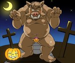 anthro balls barely_visible_balls barely_visible_genitalia belly blush censored_by_face food fruit genitals holidays humanoid_hands kemono male moobs moon navel night nipples outside overweight overweight_anthro overweight_male plant pumpkin red_blush solo oogamikennta halloween mammal suid suine sus_(pig) wild_boar 2020 censored