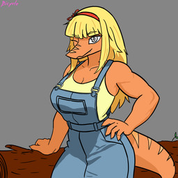 anthro bangs big_breasts biped blonde_hair breasts clothed clothed_anthro clothed_female clothing eyebrow_through_hair eyebrows female fingers front_view grey_background grey_eyes hair hand_on_hip humanoid_hands long_hair long_tail looking_at_viewer markings muscular muscular_anthro muscular_female non-mammal_breasts one_eye_closed orange_body orange_scales overalls plant pose scales shirt simple_background smile solo standing striped_markings stripes tail text topwear translucent translucent_hair tree yellow_clothing yellow_shirt yellow_topwear bicycle_(artist) cavemanon_studios snoot_game heather_(snoot_game) acrocanthosaurus allosauroid carcharodontosaurid dinosaur prehistoric_species reptile saurischian scalie theropod 1:1 absurd_res artist_name colored half-length_portrait hi_res portrait shaded