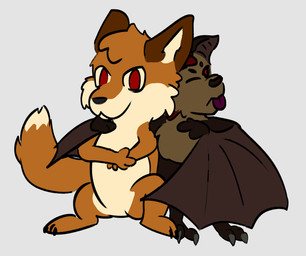 ambiguous_gender anthro brown_body brown_ears brown_fur chibi claws duo fur gesture hand_gesture hug hugging_another membrane_(anatomy) membranous_wings neck_tuft nude one_eye_closed orange_body orange_fur pointing pointing_at_another red_eyes simple_background smile standing tail tongue tongue_out tuft wings earendel_(muellermeier) muellermeier_(muellermeier) bat canid canine fox mammal megabat 2025 colored digital_drawing_(artwork) digital_media_(artwork) hi_res
