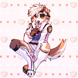 anthro beverage_can clothing drinking drinking_straw ear_piercing ear_ring female heterochromia jacket leggings legwear piercing ring_piercing sitting solo tail topwear gakawolfe canid canine canis domestic_dog mammal absurd_res hi_res