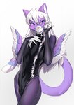 2022 anthro black_clothing blue_body blue_eyes blue_feathers blue_wings bulge closed_smile clothed clothing feathered_wings feathers felid femboy front_view glistening glistening_eyes hair hi_res latex latex_clothing long_hair looking_at_viewer male male_anthro mammal mouth_closed nicoya portrait purple_body purple_feathers purple_wings rubber_clothing shermugi simple_background smile solo standing three-quarter_portrait unsigned white_background white_body white_feathers white_hair white_wings wings