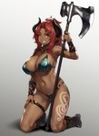 axe big_breasts bikini breasts brown_body brown_skin clothed clothing female hair holding_object holding_weapon horn huge_breasts humanoid_pointy_ears jewelry kneeling melee_weapon navel necklace not_furry one_eye_closed pointy_ears poleaxe red_hair scar smile solo swimwear tattoo two-piece_swimsuit weapon wink yellow_eyes houtengeki horned_humanoid humanoid 2020 hi_res