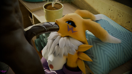 anthro big_penis black_body breasts duo female fur genitals looking_up male male/female medium_breasts nipples nude oral oral_penetration penetration penis vein veiny_penis yellow_body yellow_fur lir bandai_namco digimon digimon_(species) human mammal renamon 3d_(artwork) digital_media_(artwork) hi_res