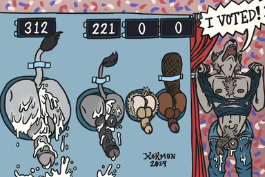 after_sex anthro bodily_fluids booth confetti cum cum_drip cum_in_ass cum_inside cum_on_penis dripping election genital_fluids genitals group male male/male penis political_cartoon politics raised_tail sexual_humor tail through_wall united_states_of_america voting_booth xokmon democratic_party_(usa) republican_party_(usa) democrat_donkey don_kennedy george_o._pillsburry republican_elephant asinus beaver canid canine canis donkey elephant elephantid equid equine eulipotyphlan hedgehog mammal proboscidean rodent wolf 3:2 hi_res