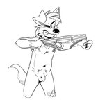 aiming anthro armpit_hair balls bandage body_hair briefs clothing collar flaccid genitals humor male nipples nude penis pubes solo stretched_underwear tongue tongue_out underwear tinydeerguy matt_riskely canid canine mammal black_and_white hi_res monochrome sketch