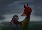 anthro blurred_background clothing cloud drama duo ears_down eye_contact feels female green_eyes head_grab larger_male long_ears looking_at_another male outside overcast pivoted_ears purple_eyes raining side_view size_difference sky smaller_female snout storm wet wet_clothing conditional_dnp latex_(artist) disney zootopia judy_hopps nick_wilde canid canine fox lagomorph leporid mammal rabbit red_fox true_fox half-length_portrait portrait