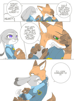 anthro blush clothed clothing dialogue fully_clothed fur green_eyes grey_body grey_fur hug interrobang open_mouth open_smile orange_body orange_fur police police_uniform purple_eyes smile speech_bubble text uniform puki third-party_edit disney zootopia judy_hopps nick_wilde canid canine fox lagomorph leporid mammal rabbit red_fox true_fox 2016 alternate_version_at_source comic english_text hard_translated hi_res translated