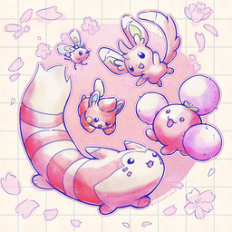 ambiguous_gender anthro featureless_crotch feral flower fur group insect_wings markings open_mouth paws petals pink_body pink_eyes pink_fur plant simple_background striped_body stripes tail whisker_markings wings muraselelait nintendo pokemon cinccino cutiefly furret generation_2_pokemon generation_5_pokemon generation_7_pokemon generation_9_pokemon jumpluff pawmi pokemon_(species) shiny_pokemon 1:1 2025 hi_res signature
